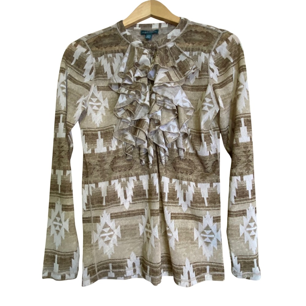 Lauren Jeans Co Ralph Lauren Womens L‎ Top Brown Aztec Ruffle Mesh Long Sleeve